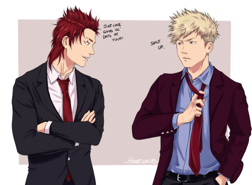 hanatsuki89:  Future! Au   in which these boys become pro heroes… but Deku still can’t tie his neckties properly and Bakugou’s worst enemy are still…well, neckties. He’s not going to wear them. NeverP.s. they are dressed up to attend one of