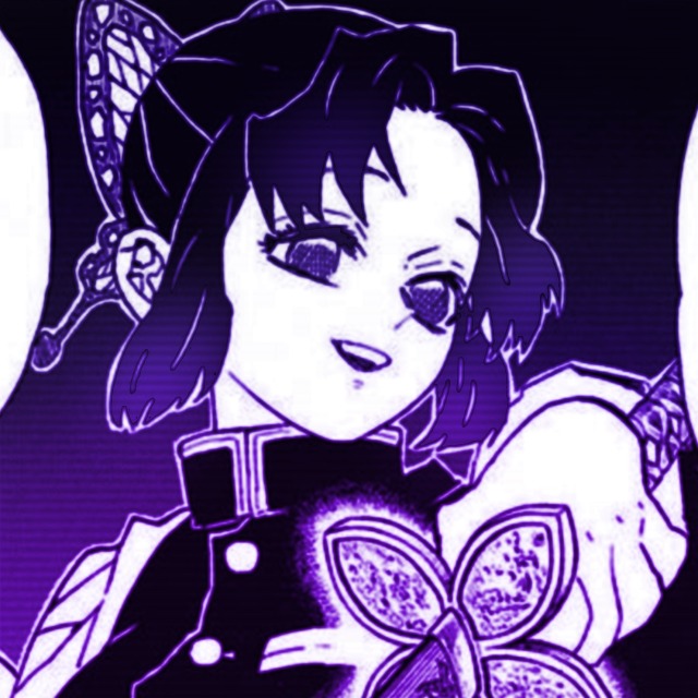 an icon of shinobu from demon slayer manga. it has a purple color overlay. she is pulling out her sword and holding it up. she looks to the right and smiles.