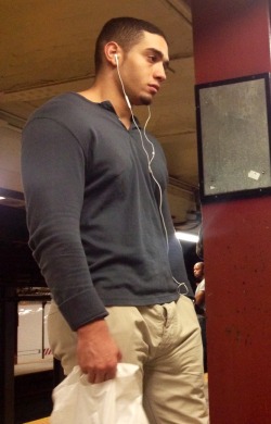 nychotguys:  Latin bulge alert waiting for the train.