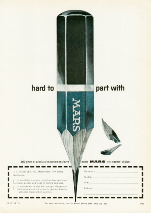 J.S. Staedtler Inc, advertising for Mars lead pencil, 1962. Via lexikaliker 