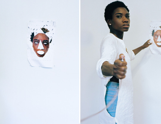 Image: A diptych of an altered print-out of a portrait and the same individual from the portrait taking a photo with the altered work by Christie Neptune, Fellow in Interdisciplinary Work '18.