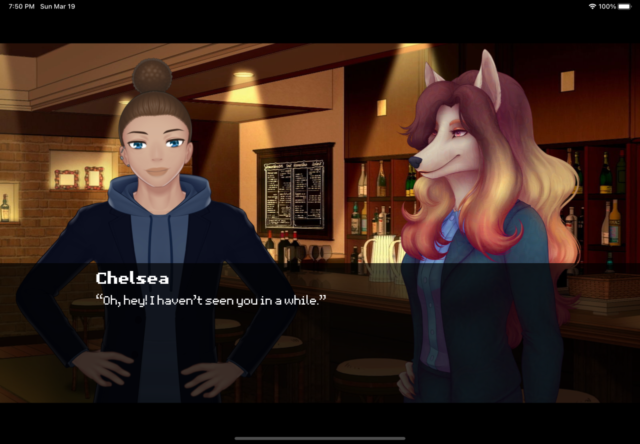 Screenshot of a scene in Indexing Your Heart. Located at a bar with Jordan on the left and Chelsea on the right. Chelsea says, "Oh, hey! I haven't seen you in a while."