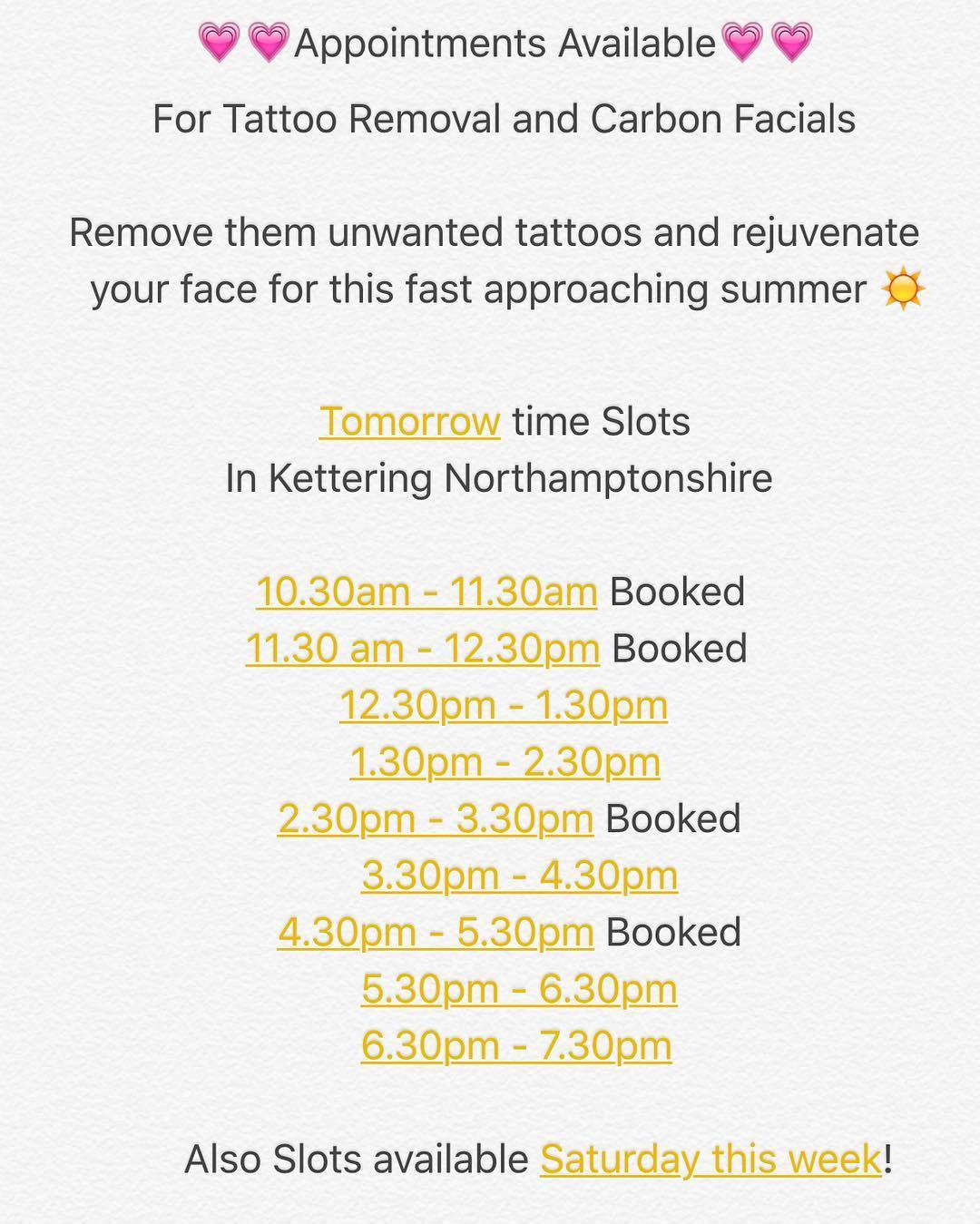 Slots available tomorrow and Saturday for laser facials and tattoo removal get booking