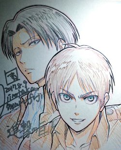 fuku-shuu:  SnK News: Animation Director Hirokata Marufuji Shares Sketches of Eren &amp; Levi  SnK Season 2 animation director (For episodes 34-36) Hirokata Marufuji shared his colored paper illustrations of Eren and Levi! Update (August 11th, 2017): Hiro