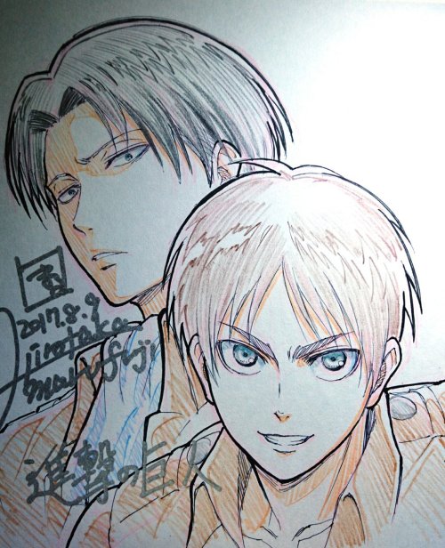 fuku-shuu:  SnK News: Animation Director Hirokata Marufuji Shares Sketches of Eren & Levi  SnK Season 2 animation director (For episodes 34-36) Hirokata Marufuji shared his colored paper illustrations of Eren and Levi! Update (August 11th, 2017): Hiro