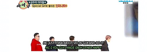 hogays:     8 | ∞ Infinite offstage: MC’s telling Hoya to do aegyo while thinking of Seo In Guk.    