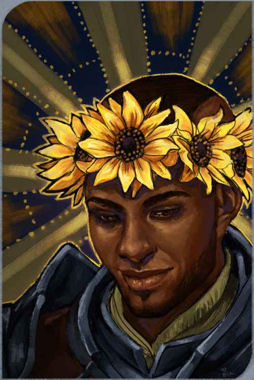 amaryllislavellan:Barris in a sunflower crown for @nothisis-ridiculous &lt;3 &lt;3 &lt;3  A shy look