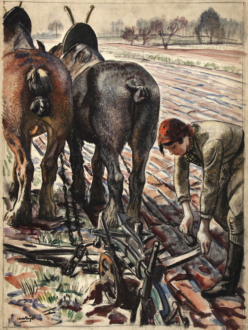 artist-laura-knight:  Horse-drawn plough, land girl, 1944, Laura Knight