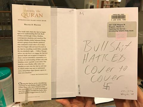 the-movemnt: Quran and Islam-themed books defaced at library in Evanston, Illinois According to a Facebook post from Lorena Neal, an employee at the Evanston Public Library in Evanston, Illinois, staff were picking out books to display during an event
