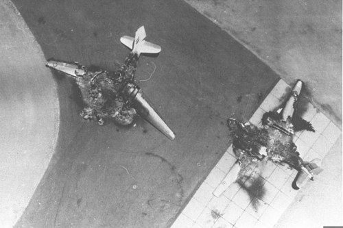 Egyptian Air Force planes destroyed on the tarmac during the Six Day War, June, 1967. Despite having