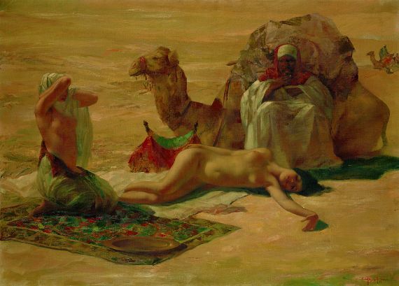 artbeautypaintings:  Slaves and their merchants in the desert - Eduard Ansen-Hofmann