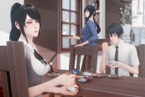 kiru-reblog: anlamveg: [Sims & Poses DL] Aishi Family (Chopsticks equipped ;)) Reshade Presets 