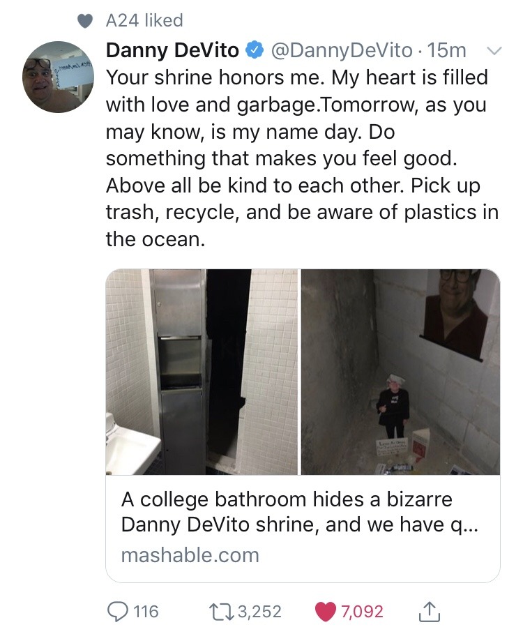 booby-baby:  Danny DeVito responds to his shrine 