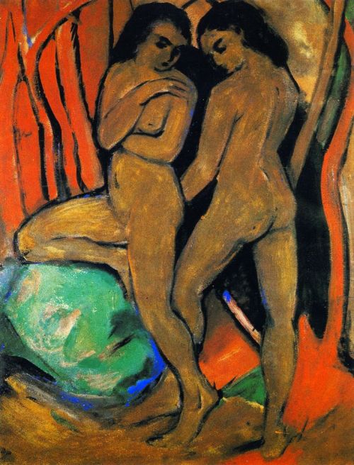 Two Standing Nudes with Green Rock, Franz Marc 