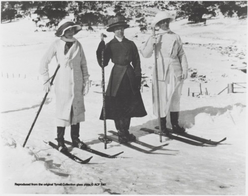 A little shorter than most skirts of the period, ca. 1900, these three women skiing in New South Wal