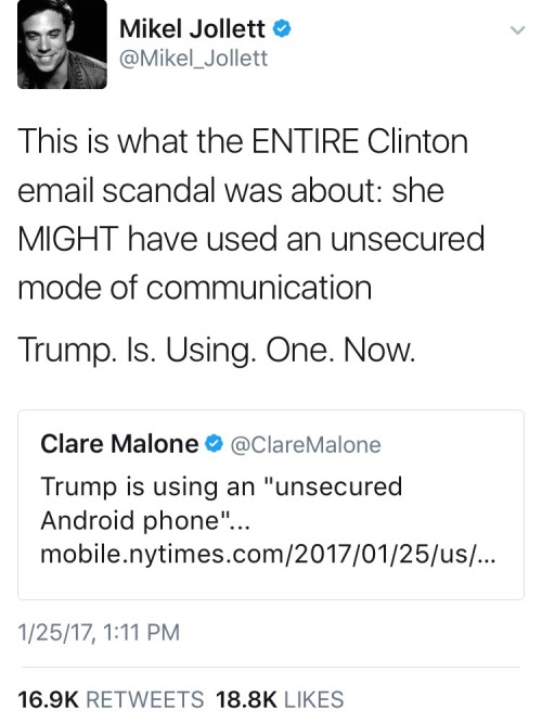 sandalwoodandsunlight:Clinton’s server was also never hacked, while we don’t need to wait for Trump’s phone to be hacked, what’s voluntarily coming out of it via his tiny hands are enough to kill us all.