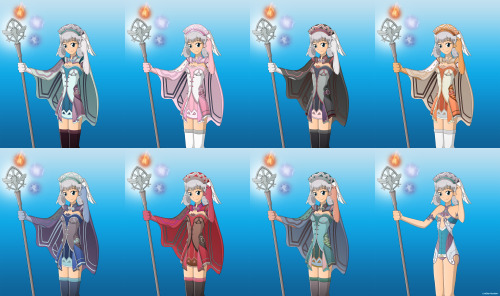 linkstar-number1:  Alternate colors for Melia that could be used if she ever got into Super Smash Bros. (which is unlikely, but hey, I still voted for her… 10 times). Three are just alts of her default outfit, but three more are based off of different