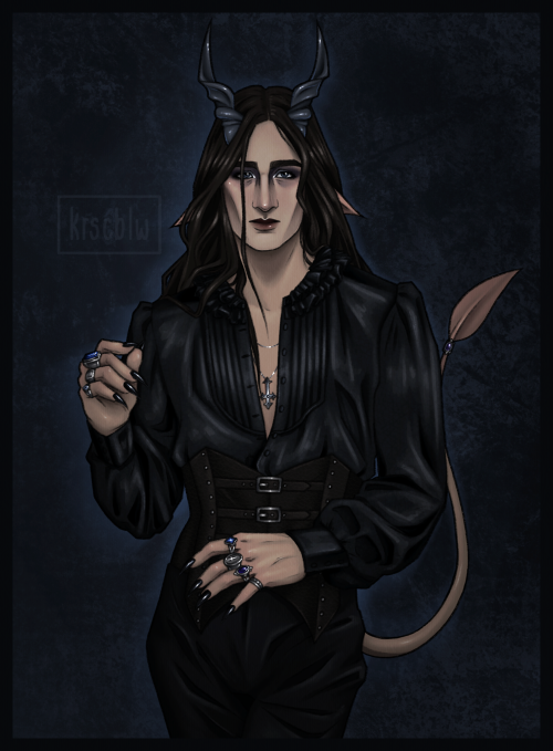 Digital drawing of Rain Ghoul. He is standing, shown from the thighs up, with one hand in front of him and one hand raised by his shoulder. He has a slim build, pale skin, long dark brown hair, and dark blue eyes. He also has goat-like ears, twisted shiny blue-gray horns, and a tail with a rounded spade. He is wearing a flowy, satiny, unbuttoned black dress shirt with a ruffled collar, an angular corset-style leather belt with buckles, and black dress pants. He is also wearing several large rings with blue gemstones, an inverted cross necklace, and a ring on his tail. The background is dark blue, and there is a black border around the image.