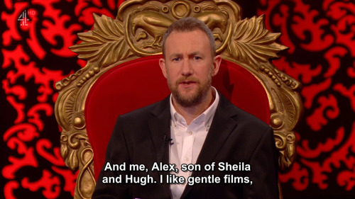 [ID: Three screencaps from Taskmaster. Greg Davies announces to the camera, “Hello, and welcome back