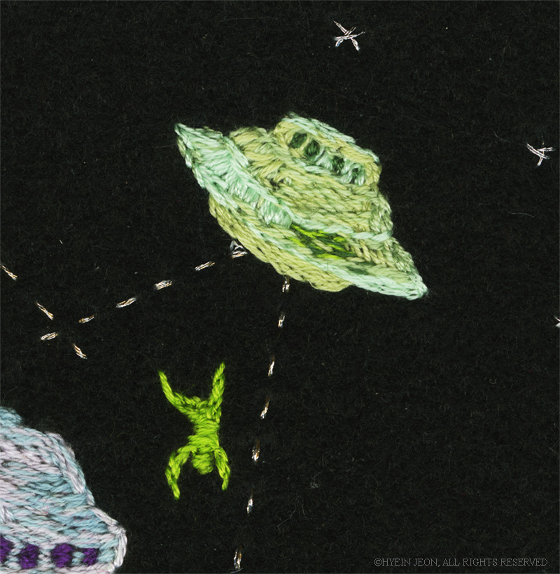hyeinjeon:  UFO abduction! , Hand embroidered on felt, 2015, HyeIn Jeon