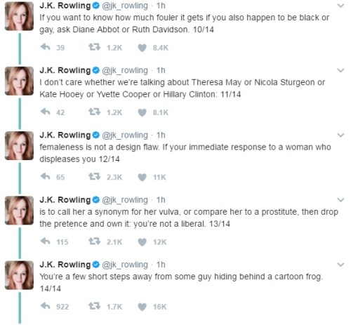 anti-capitalistlesbianwitch:Series of Tweets by J.K. Rowling:Just unfollowed a man whom I though was