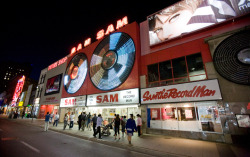 vinylhunt:  Re-installation of iconic record shop sign in limbo  The iconic neon Sam the Record Man sign may not return to Toronto’s streets.  Ryerson University purchased the former record store site at 347 and 349 Yonge Street in 2008 with a pledge