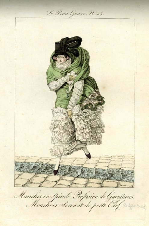 Frilly 19th century fashions in Le Bon Genre magazine;Three women wearing split trousers under over-