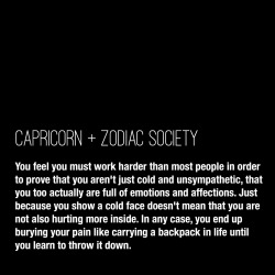 zodiacsociety:  Capricorn Trait: You feel you must work harder than most people in order to prove that you aren’t just cold and unsympathetic, that you too actually are full of emotions and affections. Just because you show a cold face doesn’t mean