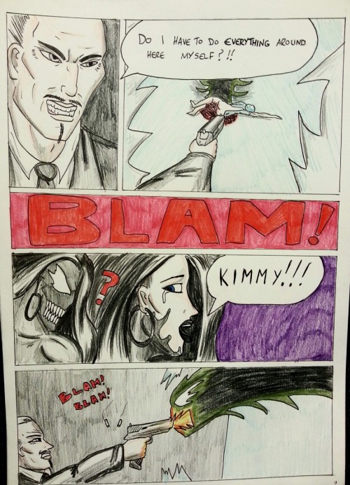 Kate Five vs Symbiote comic Page 104  Ohmega Man shooting at an unconscious Kimberly? What an a-hole! Balthus is on the case! And he looks pissed!