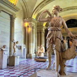 hellas-inhabitants:  The Diana of Versailles, statue of the Greek goddess Artemis (Latin: Diana), with a deer,  Louvre Museum in Paris. It is a Roman copy (1st or 2nd century AD) of a lost Greek bronze original attributed to Leochares, c. 325 BC.  Η