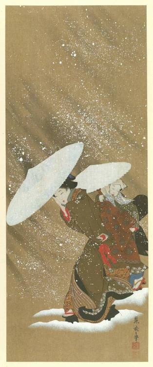 Utamaro Kitagawa - Two fine ladies walking through the snow.Print.