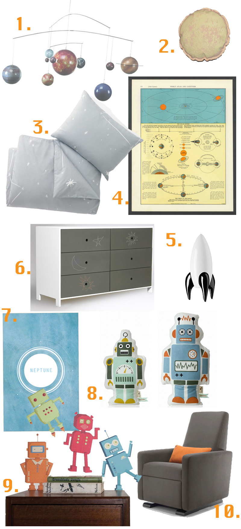 3…2..1..Blast off! into a new galaxy all his own: 1. solar system globe mobile, 2. glow in the dark moon throw pillow, 3. dwell studio galaxy twin duvet set, 4.  vintage print solar system map, 5. ducduc nyc parker dresser with chalkboard finish, 6....