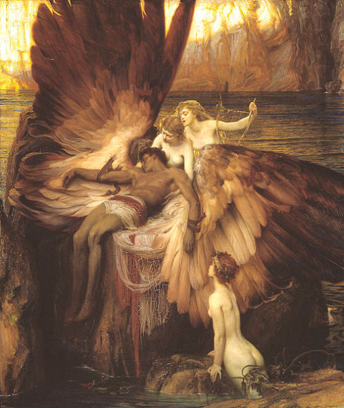 hideback:  Herbert James Draper (English, 1863-1920) The Lament for Icarus, 1898 A fallen Icarus is lamented by sea nymphs. His wings are like the Bird of Paradise. The preparatory drawing lacks the drapery that happened to land just so as Icarus hurtled