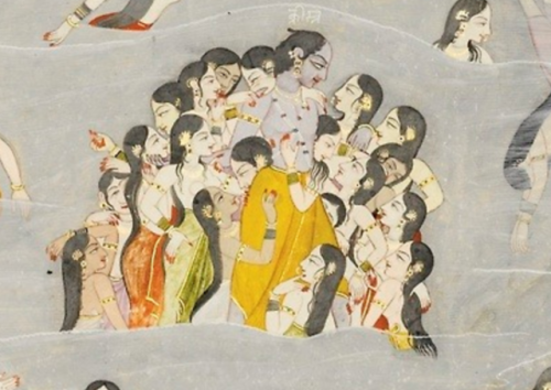 niramish:Krishna and the gopis bathing in the river Yamuna, illustration from a Harivamsa series, at