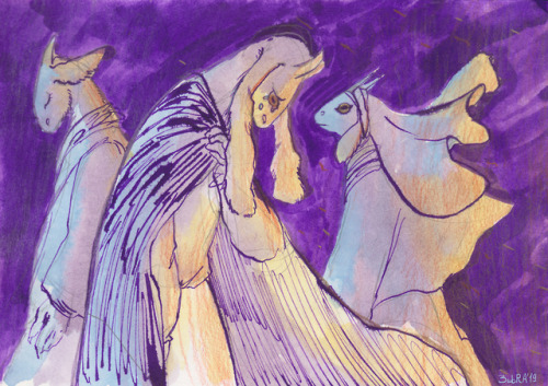 Sad goats![ID: A drawing of three anthropomorphic goats on a dark purple background. Two goats are d