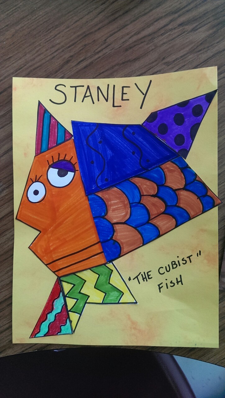 This is an example of the cubism lesson plan we are starting this week with kinder. We start the lesson with a intro to Picasso Then I read a children’s book about Picasso and introduce cubism Next, I demonstrate the fish stencil and how to...