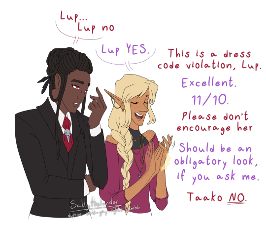 taz-ids:dupree-said-gay-rights:Extremely good Lup reaper uniform by @mcelesbian  [ID: Several drawings of Lup, and one of Taako and Kravitz. Lup is a tan elf with thick blond hair, dyed red at the ends. She’s wearing a black t-shirt that says “My