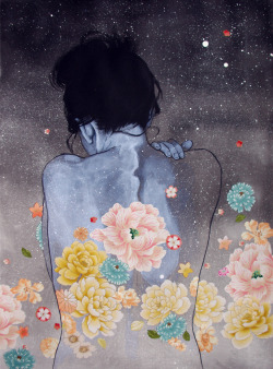 stasiaburrington:  “Cotton Candy” by Stasia Burrington, 2013. Charcoal, Ink, Acrylic and Fabric on Watercolor paper.