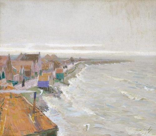 The Pier of Volendam    -    Maurice SijsDutch, 1880 - 1972 Tempera on cardboard, 32 x 37,5 cm.