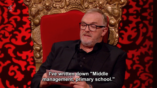 [ID: Three screencaps from Taskmaster. Greg Davies says to Mike Wozniak, “What’s the inspiration beh