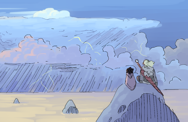 A digital drawing of Sol and Nyx sitting next to each other on top of one of the standing stones, watching a large thunderhead roll across the plains in the distance.