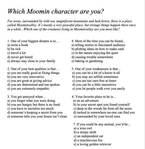 I created this little Moomin personality quiz for my English class and thought it’d fit perfectly he