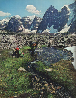 vhord:  eartheld:  vintagenatgeographic:  A hiker stops to refresh in the Valley of the Ten Peaks, Canada National Geographic | June 1980   x  strictly nature