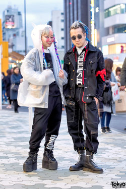 tokyo-fashion:  Rio and Kazuma on the street in Harajuku wearing fashion by legendary Japanese designer Michiko Koshino with shoes by YRU and Yohji Yamamoto x Dr. Martens. The Michiko Koshino popup shop at LaForet Harajuku is open through the 17th of