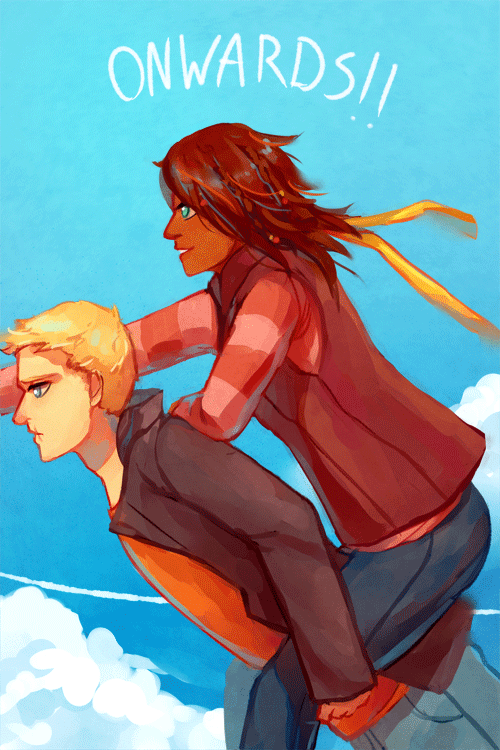 Because really, what else do you do with a boyfriend who can fly?
(I actually have no idea what’s going on here, Jason probably lost a bet or something.)
Jason and Piper are from the Heroes of Olympus series by Rick Riordan