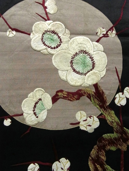 Moonlit plum blossoms, dreamy vintage obi with impressive embroidery work over silvery silk appliqué