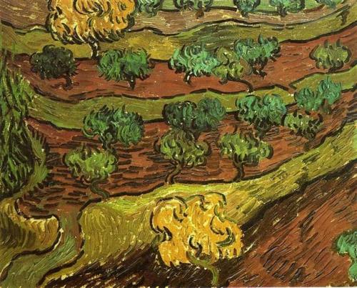 vincentvangogh-art:Olive Trees Against A Slope Of A Hill1889Vincent van Gogh