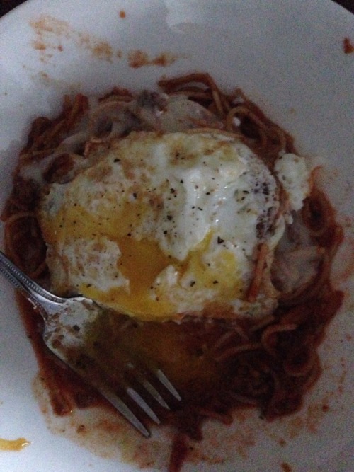 fried egg over leftover pasta