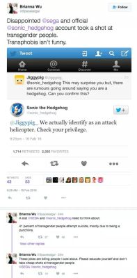 transmemesatan:  alwaysacrybaby:  good-sonic-shit:  shalgrove:  Brianna Wu getting triggered by Sonic the Hedgehog.  My sides  Is she actually trying to defend an attack helicopter as a gender?  “Defending helicopter as a gender” oh shut the fuck