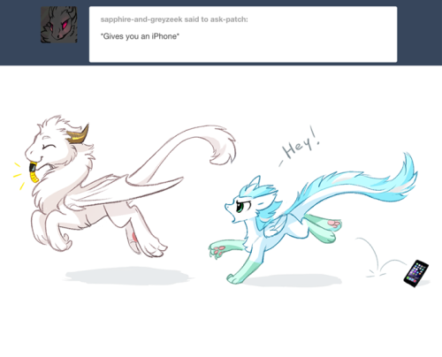 ask-patch:  Thanks grey! I now got an iPhone to go with my… HEY!Greyzeek can be super sweet… Until he detects something hoardable. He forgets what friends are when something shiny comes across his line of sight.We’ve been featuring a lot of characters